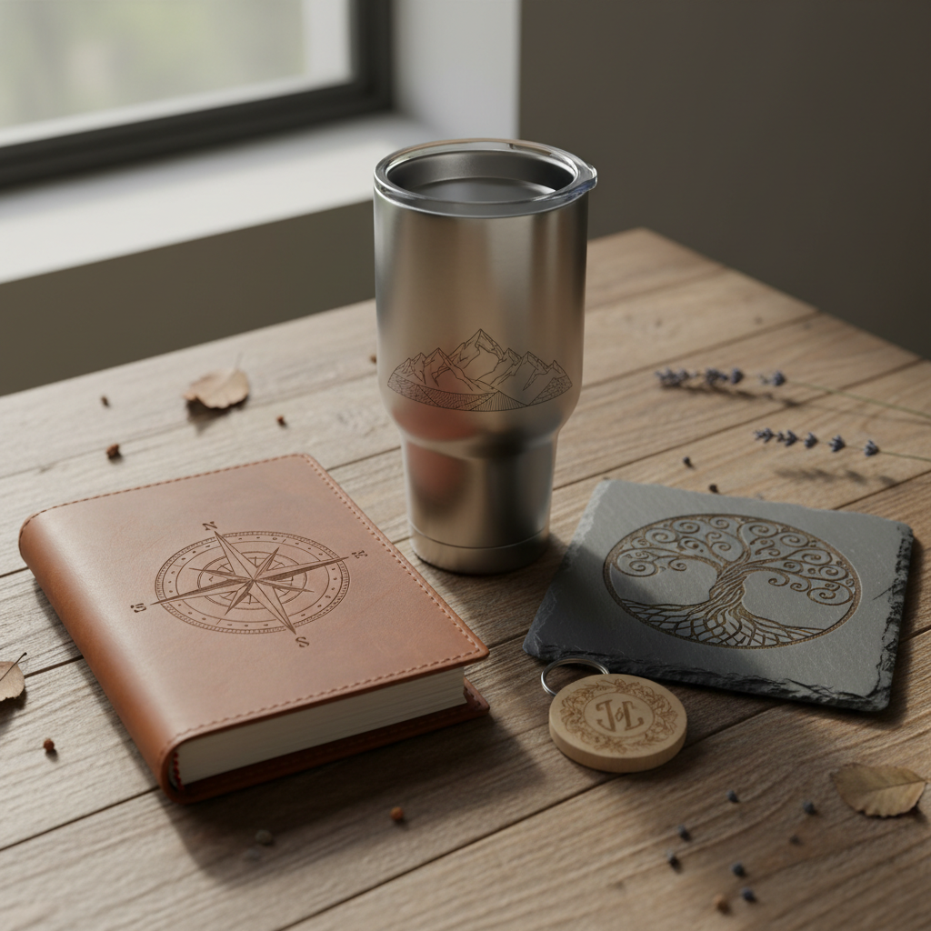 A variety of laser-engraved items on a wooden table: a stainless steel tumbler, a leather journal cover, a slate coaster, and a wooden keychain