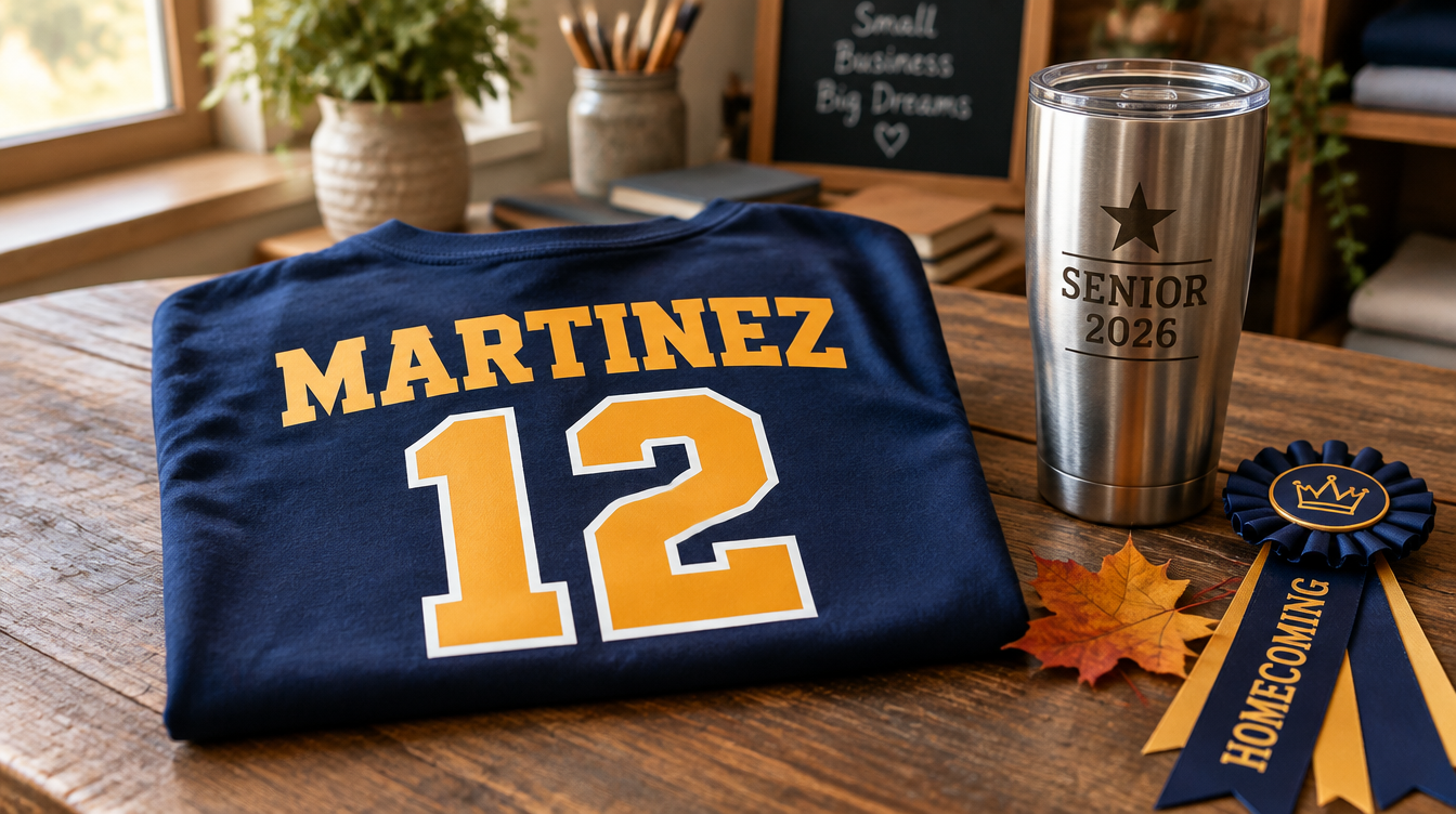 A navy custom spirit t-shirt with a printed name and number beside a laser-engraved stainless steel tumbler on a wooden table
