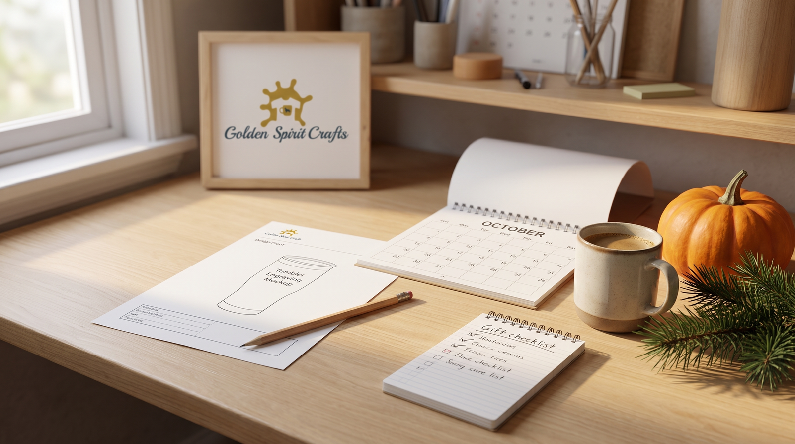 A design proof with a pencil, a gift checklist, and a desk calendar open to October beside a small pumpkin and a sprig of evergreen