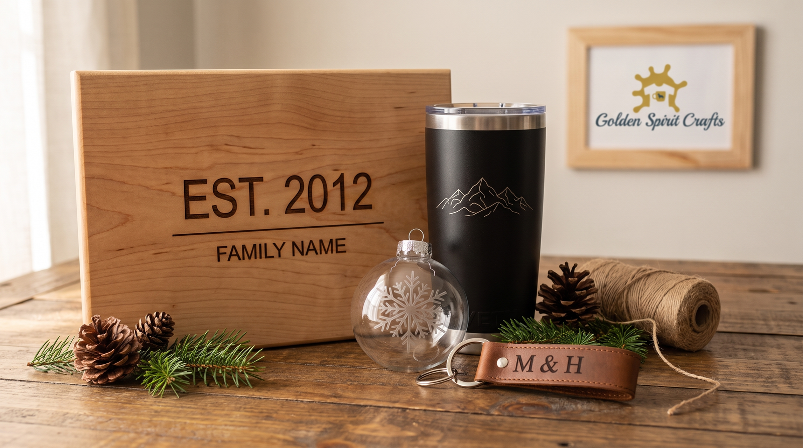 Laser-engraved keepsakes on a rustic wooden table: a wooden cutting board, a black stainless steel tumbler, a glass ornament, and a leather keychain with evergreen sprigs and pinecones
