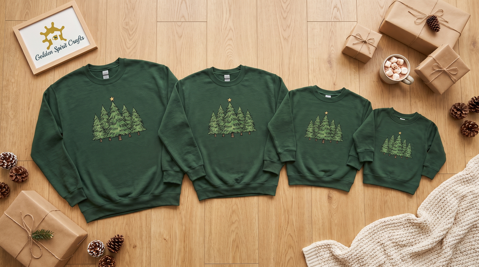A matching family set of forest green holiday sweatshirts in four sizes laid flat on a wood floor with wrapped gifts, cocoa, and pinecones