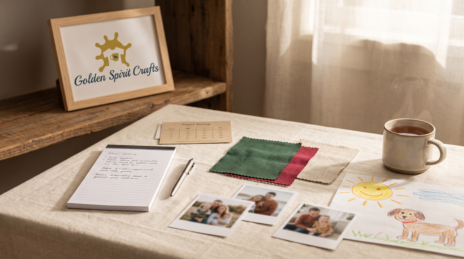 A handwritten gift list, small family photos, fabric color swatches, and a child's crayon drawing arranged on a cream linen tablecloth